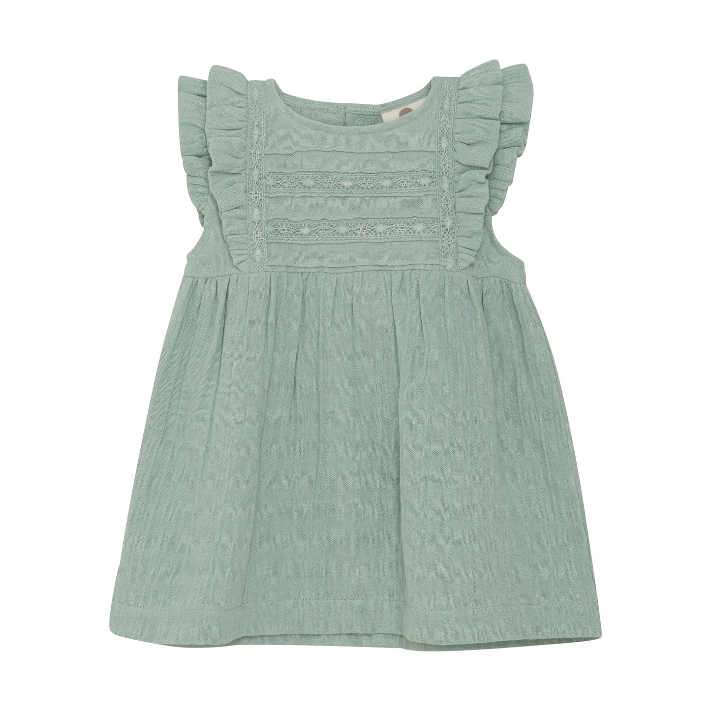 Flat front product image of a light green muslin baby dress