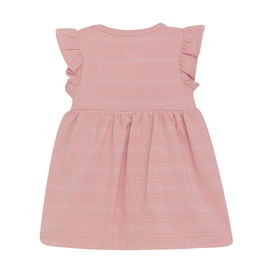 Flat back product image of a soft pink baby dress
