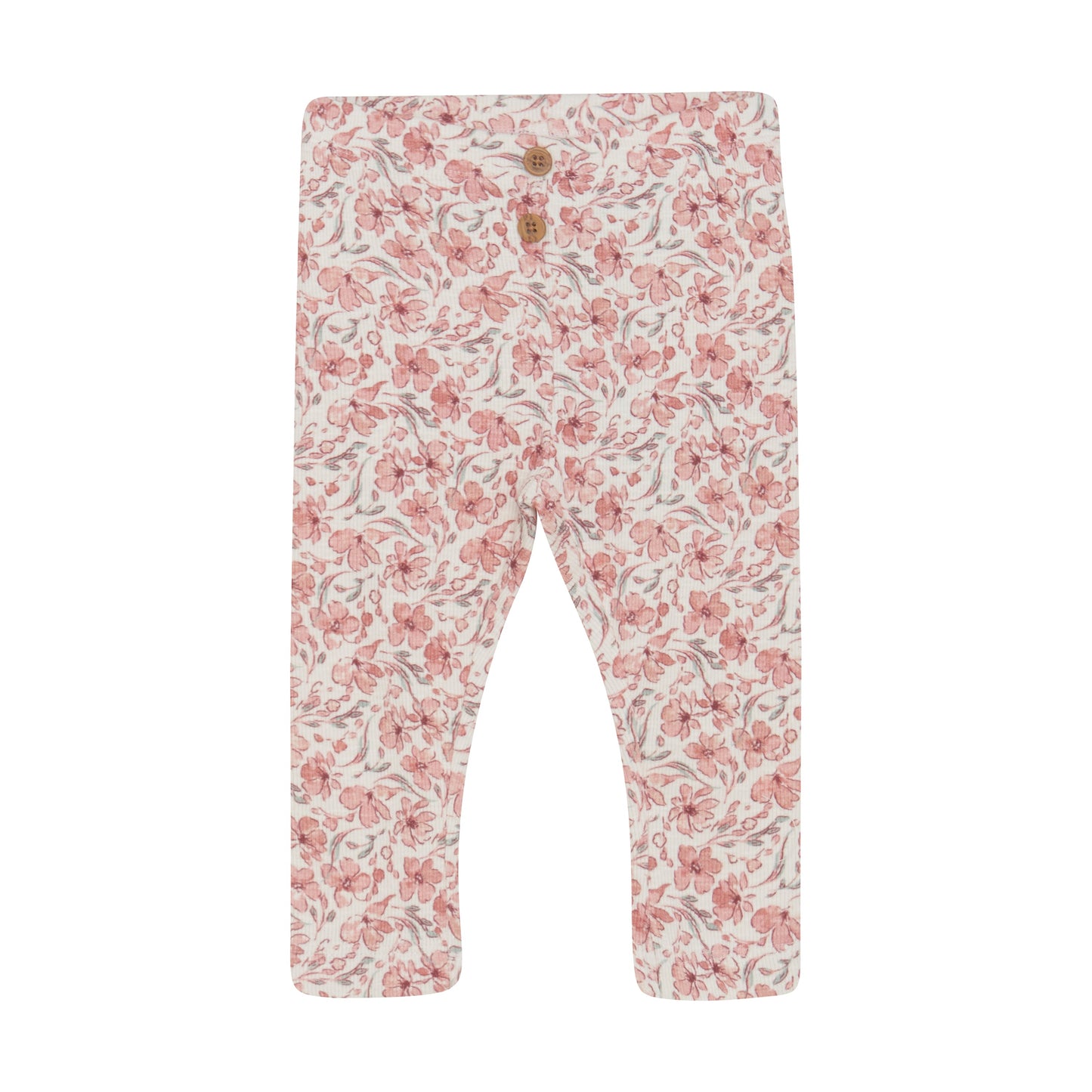 Flat front product image of ivory baby leggings with a bright floral print