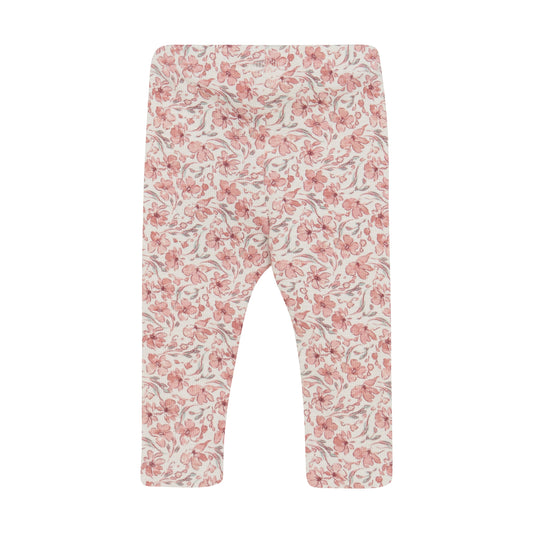 Flat back product image of ivory baby leggings with a bright floral print