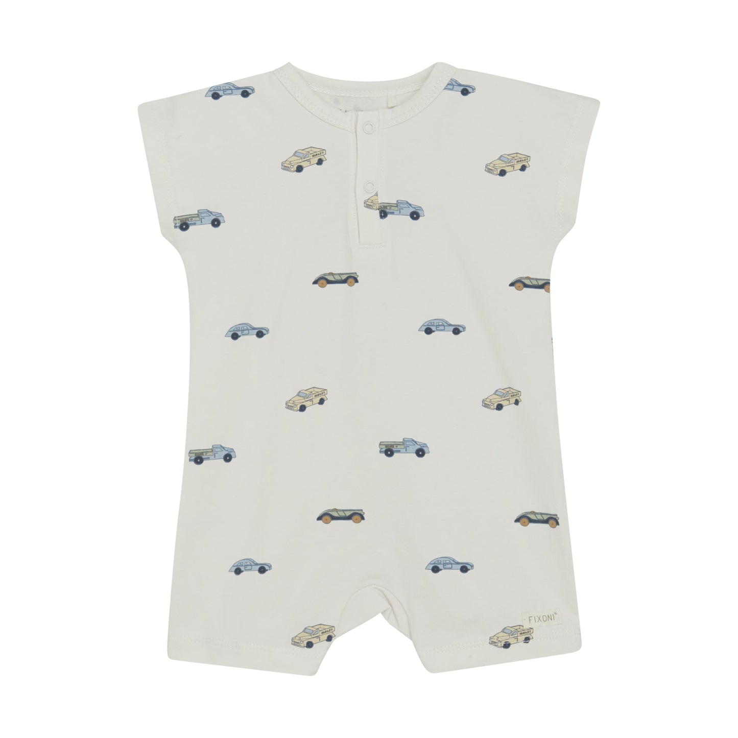 Flat front product image of ivory baby playsuit with car print