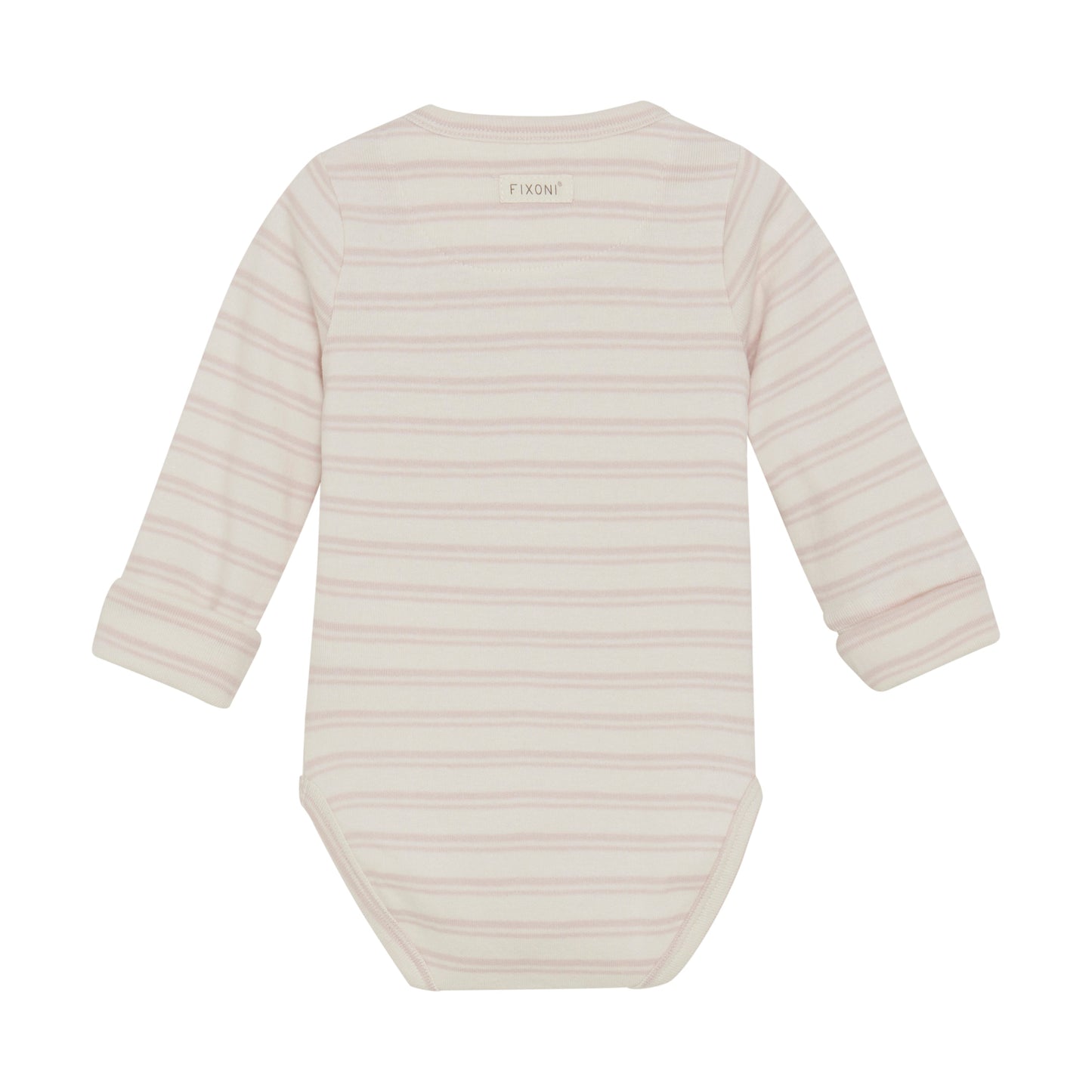 Flat back product image of a long sleeve wrap front baby bodysuit