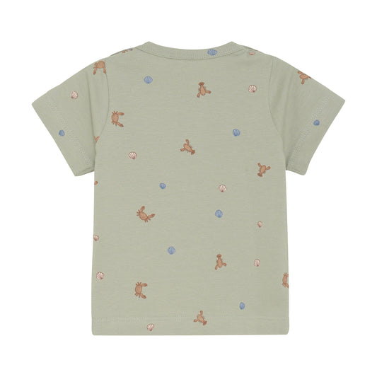 Flat back product image of a short sleeve tee with a green desert print