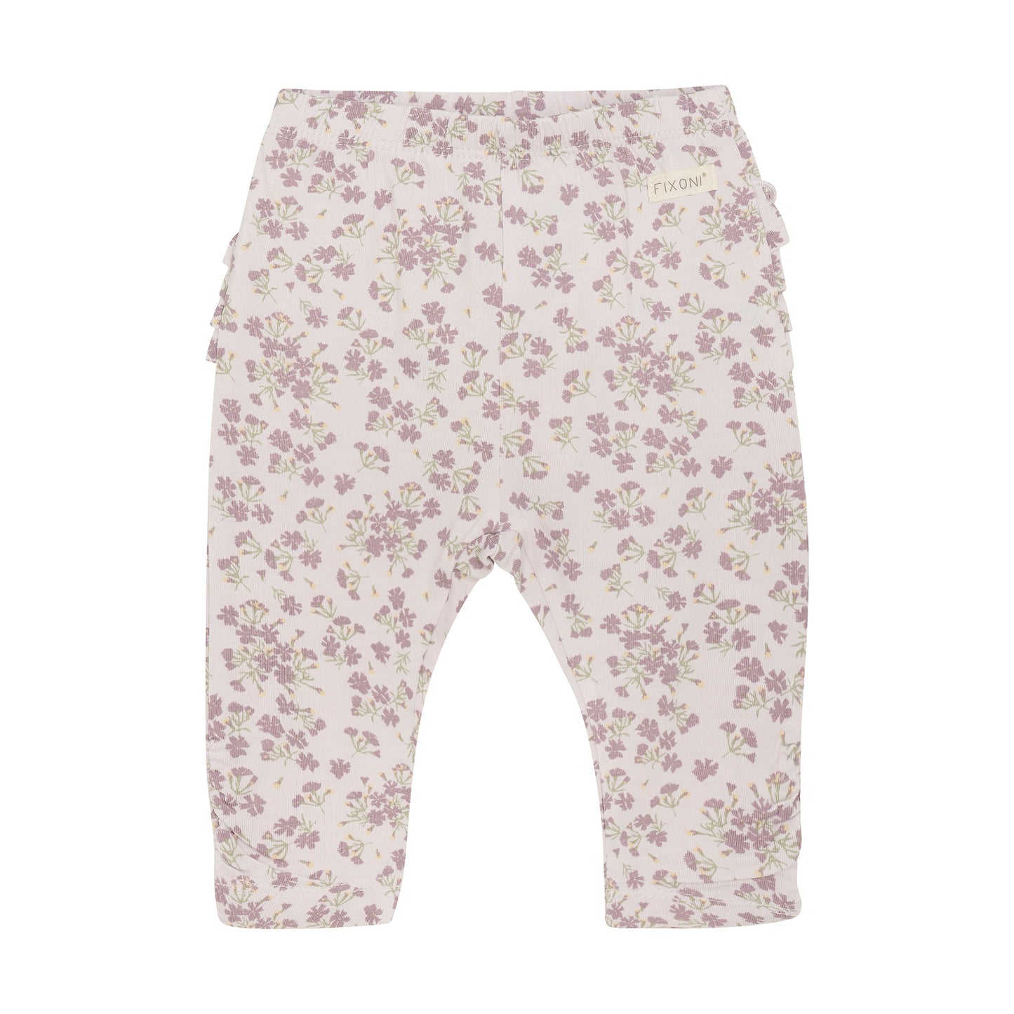 Flat front product image of baby leggings in a light lilac floral print