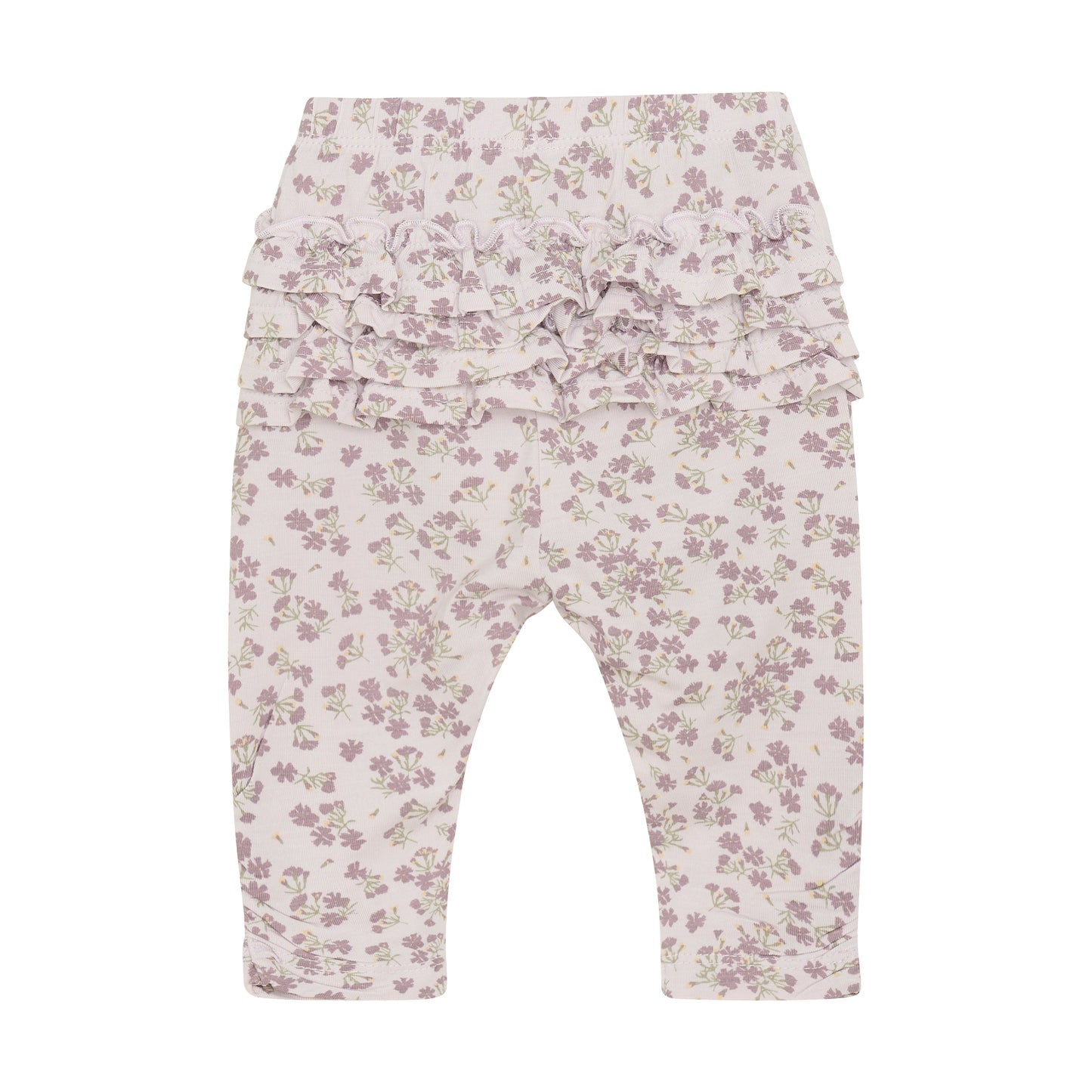 Flat back product image of baby leggings in a light lilac floral print
