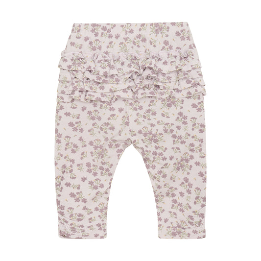 Flat back product image of baby leggings in a light lilac floral print