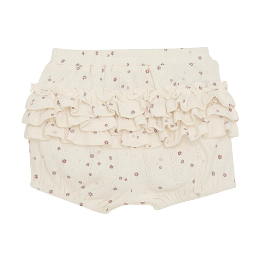 Flat back product image of ivory pointelle bloomer baby shorts with a purple daisy print