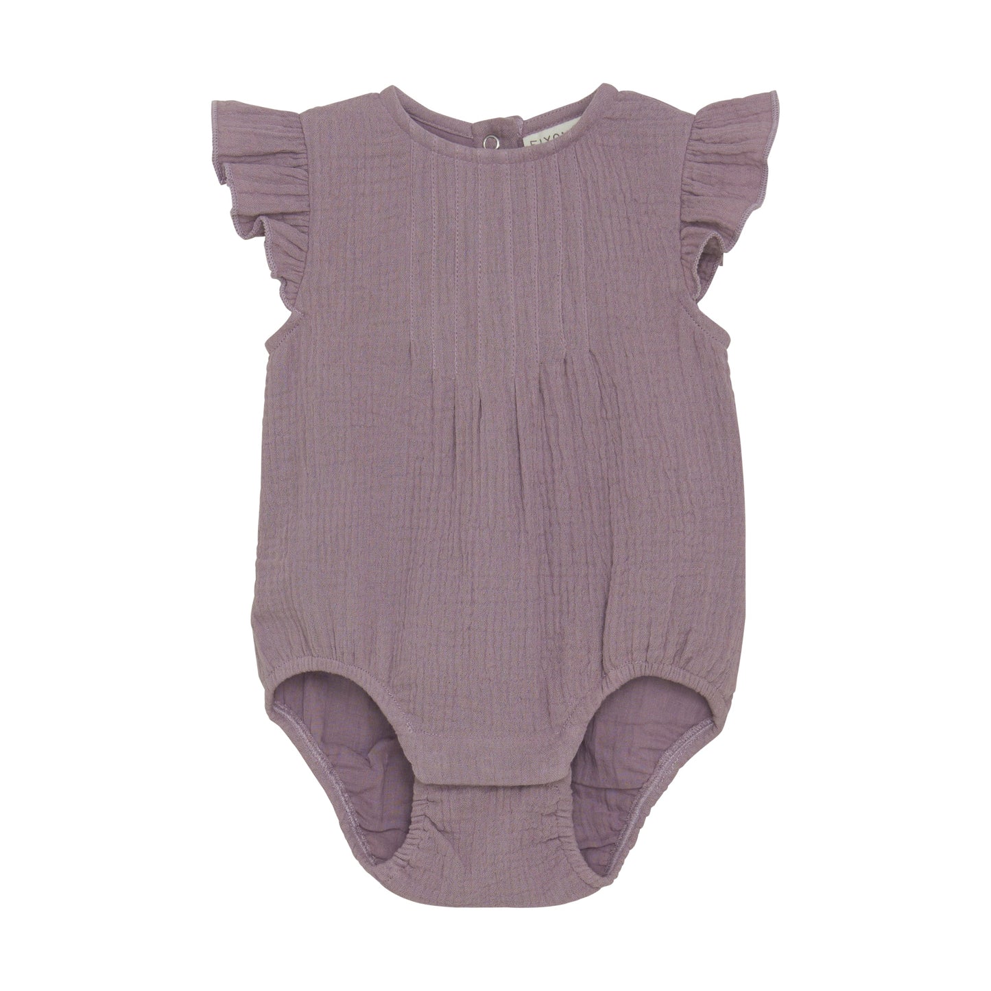 Flat front product image of a woven ruffle sleeve baby bodysuit in purple