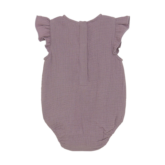 Flat back product image of a woven ruffle sleeve baby bodysuit in purple
