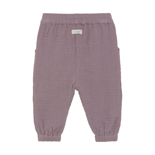 Flat back product image of woven baby trousers in purple