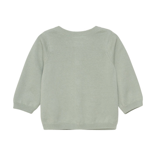 Flat back product image of a soft green knit baby cardigan with small pineapple embroidery