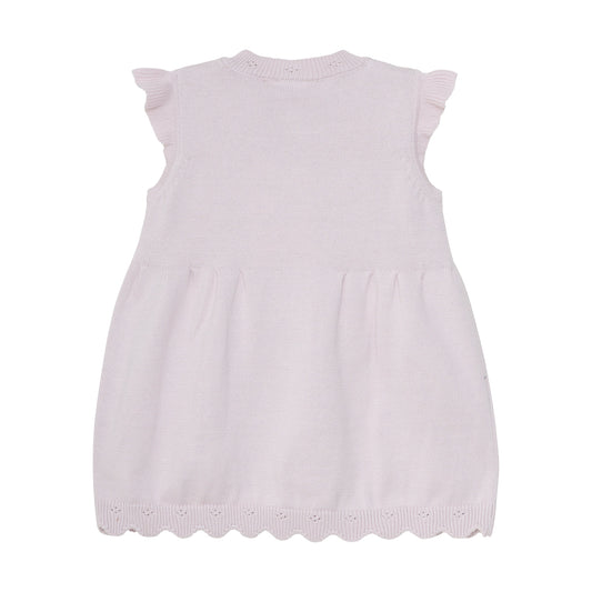 Flat back product image of a knit baby dress in light lilac
