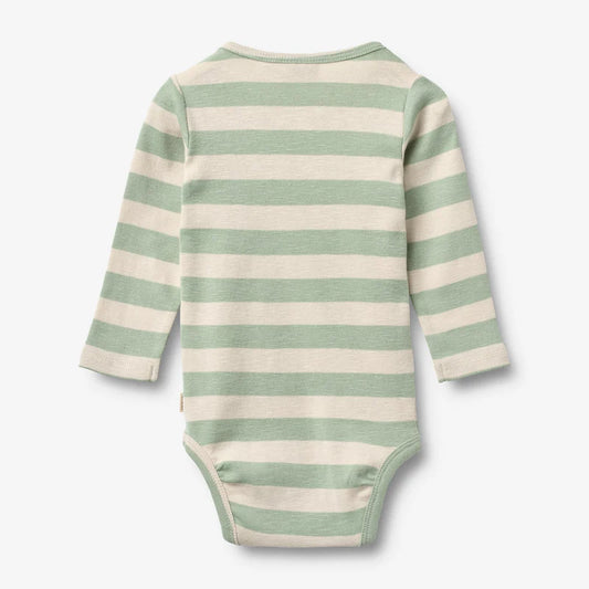 Flat back product image of mint stripe baby bodysuit