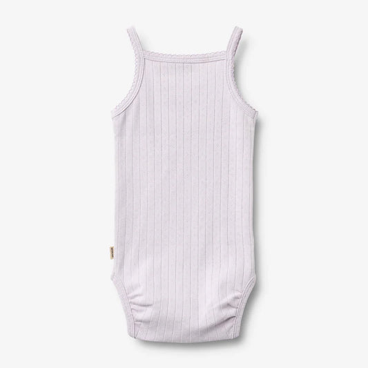 Flat back product image of purple sleeveless baby bodysuit
