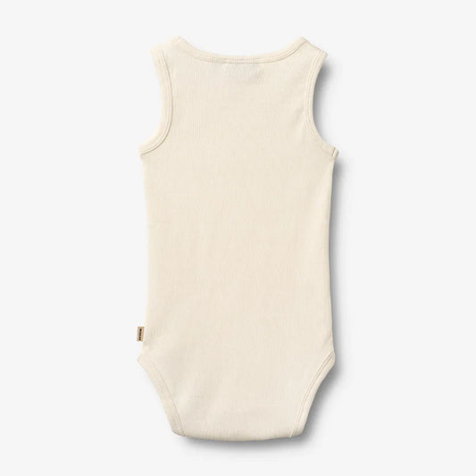 Flat back product image of ivory sleeveless baby bodysuit
