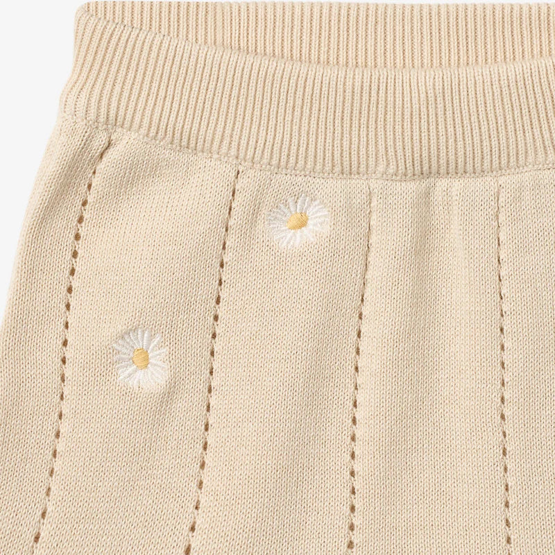 Close up product image of pale yellow knit baby shorts