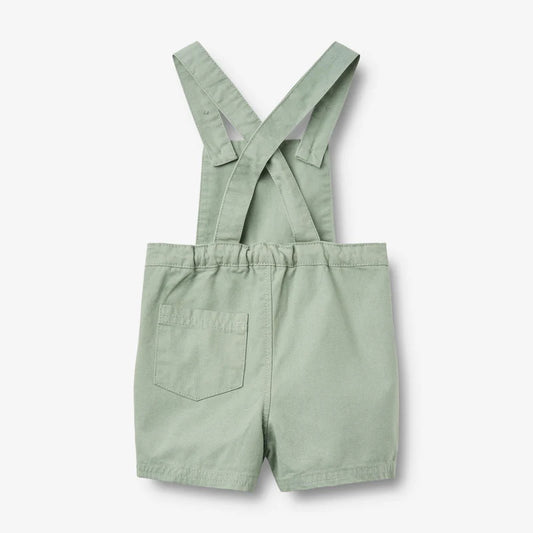 Flat back product image of teal baby overalls