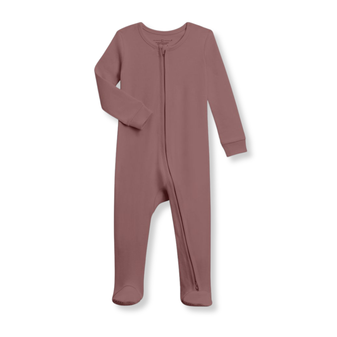 Product image of a deep mauve baby sleeper with a zipper