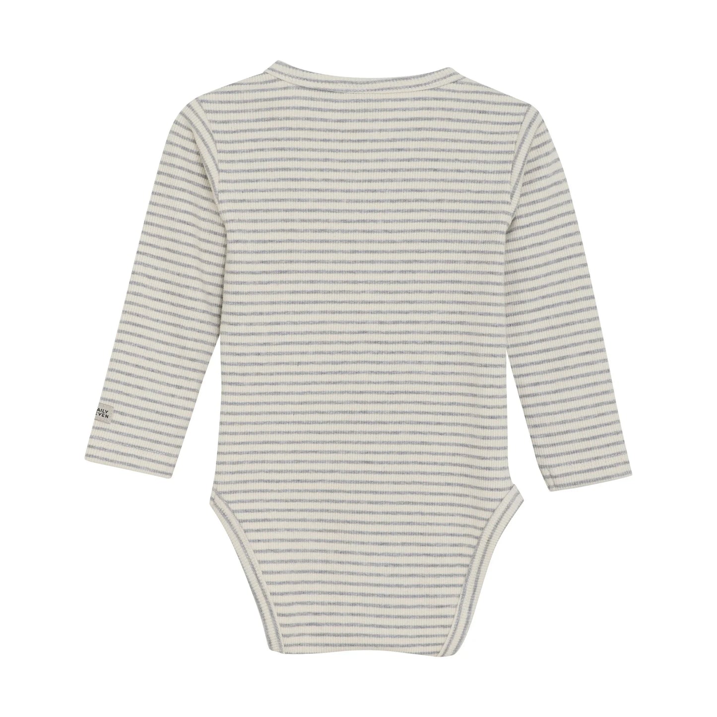 Flat back product image of a long sleeved baby bodysuit with light grey stripes on ivory