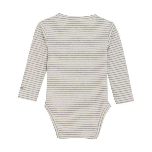 Flat back product image of a long sleeved baby bodysuit with light grey stripes on ivory