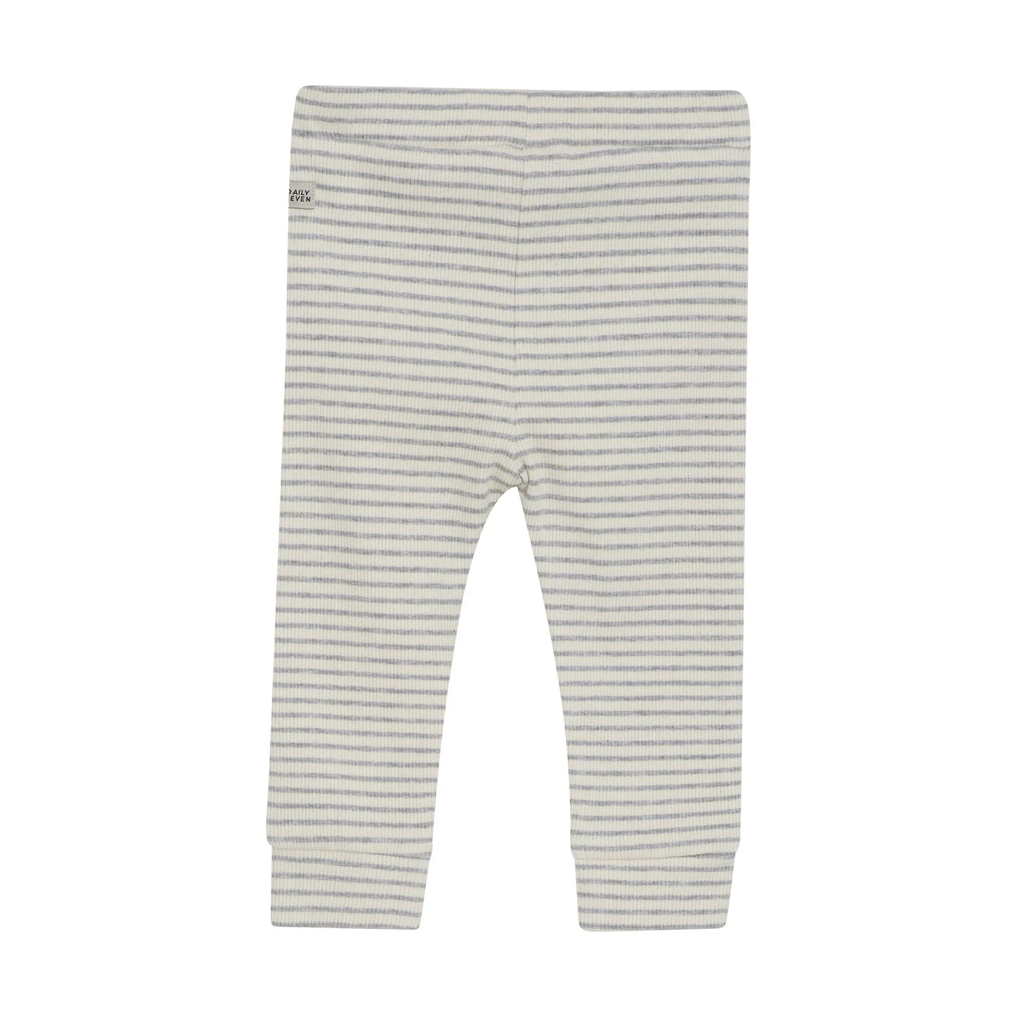 Flat back product image of baby leggings with two small wooden buttons in light grey stripes on ivory