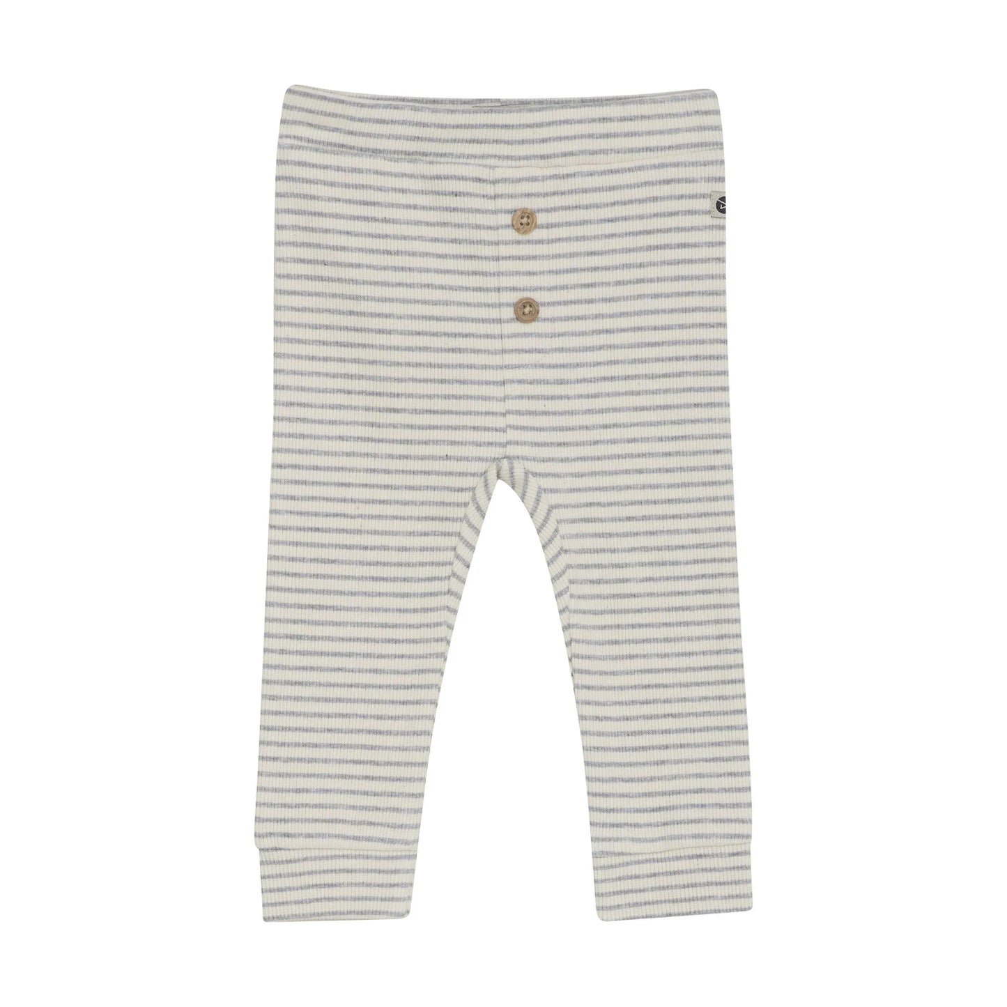 Flat front product image of baby leggings with two small wooden buttons in light grey stripes on ivory