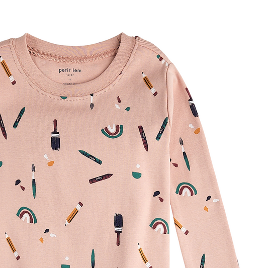 close up pattern detail of arts and crafts supplies on a vintage rose background