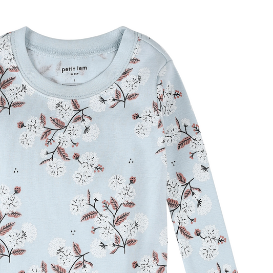 close up pattern detail of a white hydrangea print on a sky blue background