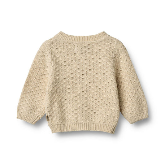 Flat back product image of a knit button front baby cardigan