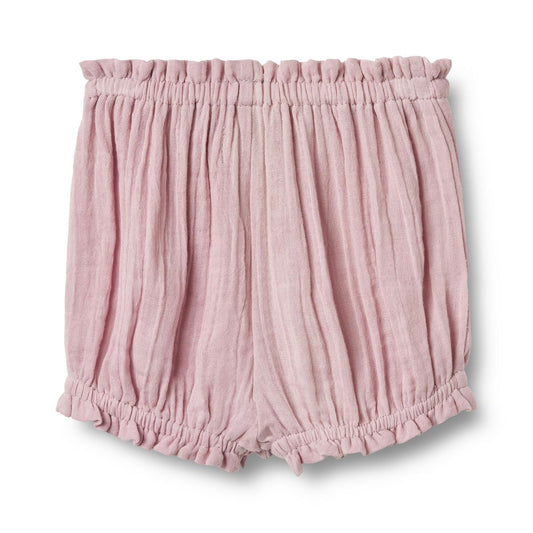 Flat back product image of cotton muslin baby bloomer shorts