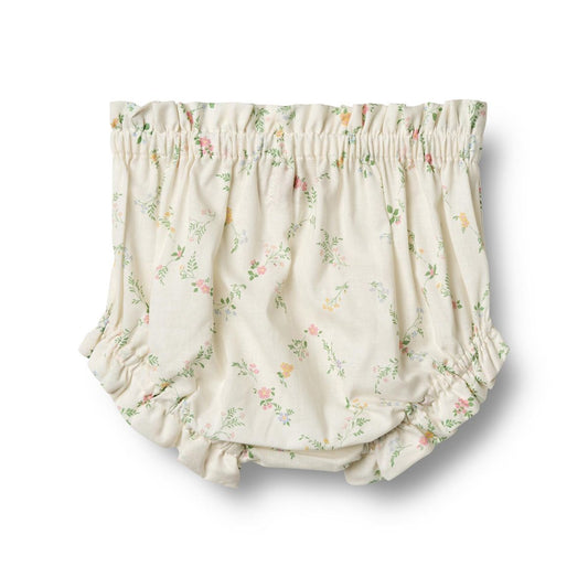 Flat back product image of woven cotton baby bloomer shorts