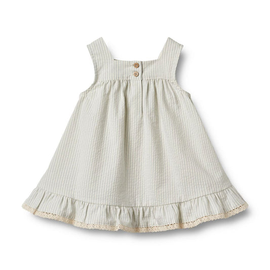 Flat back product image of a light blue seersucker dress