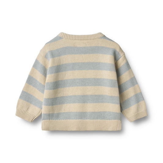 Flat back product image of a striped baby pullover sweater
