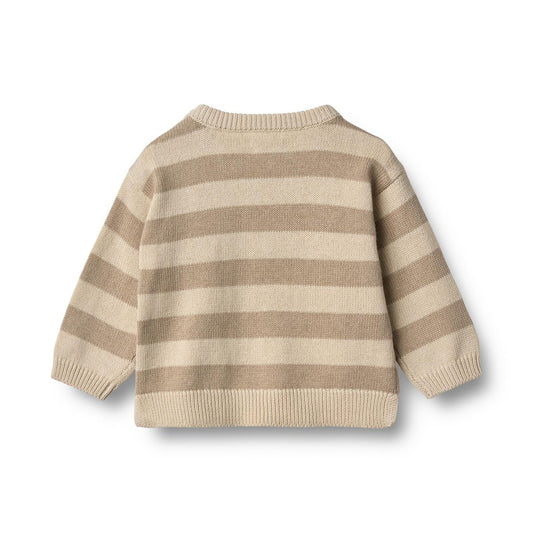Flat back product image of a striped baby pullover sweater
