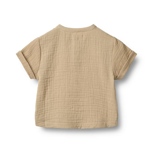 Flat back product image of a woven relaxed fit baby shirt