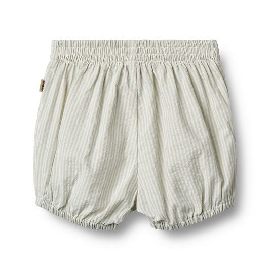 Flat back product image of blue seersucker baby bloomer shorts
