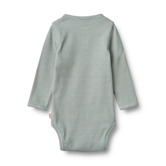 Flat back product image of a long sleeve baby bodysuit