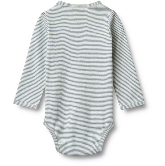 Flat back product image of a long sleeve baby bodysuit