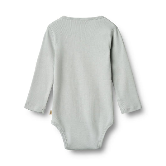 Flat back product image of a long sleeve baby bodysuit
