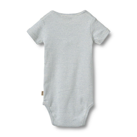Flat back product image of a short sleeve baby bodysuit