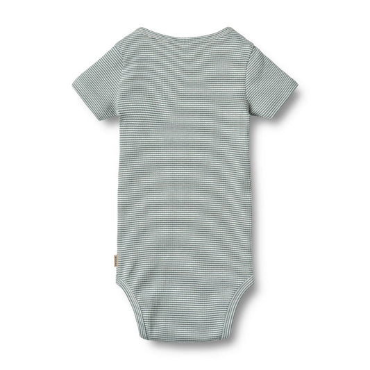 Flat back product image of a short sleeve baby bodysuit