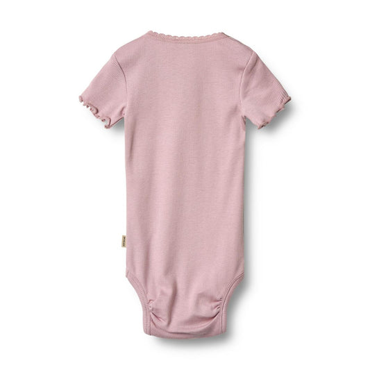 Flat back product image of a short sleeve baby bodysuit