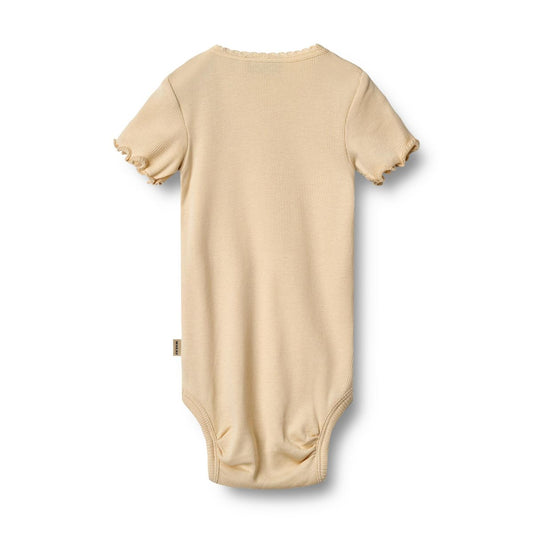 Flat back product image of a short sleeve baby bodysuit