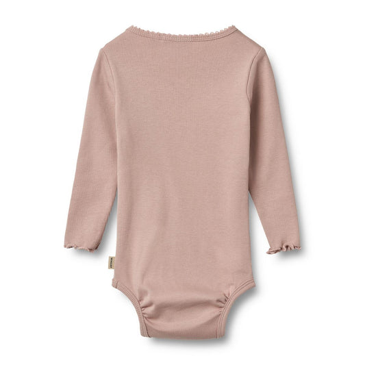 Flat back product image of a long sleeve baby bodysuit