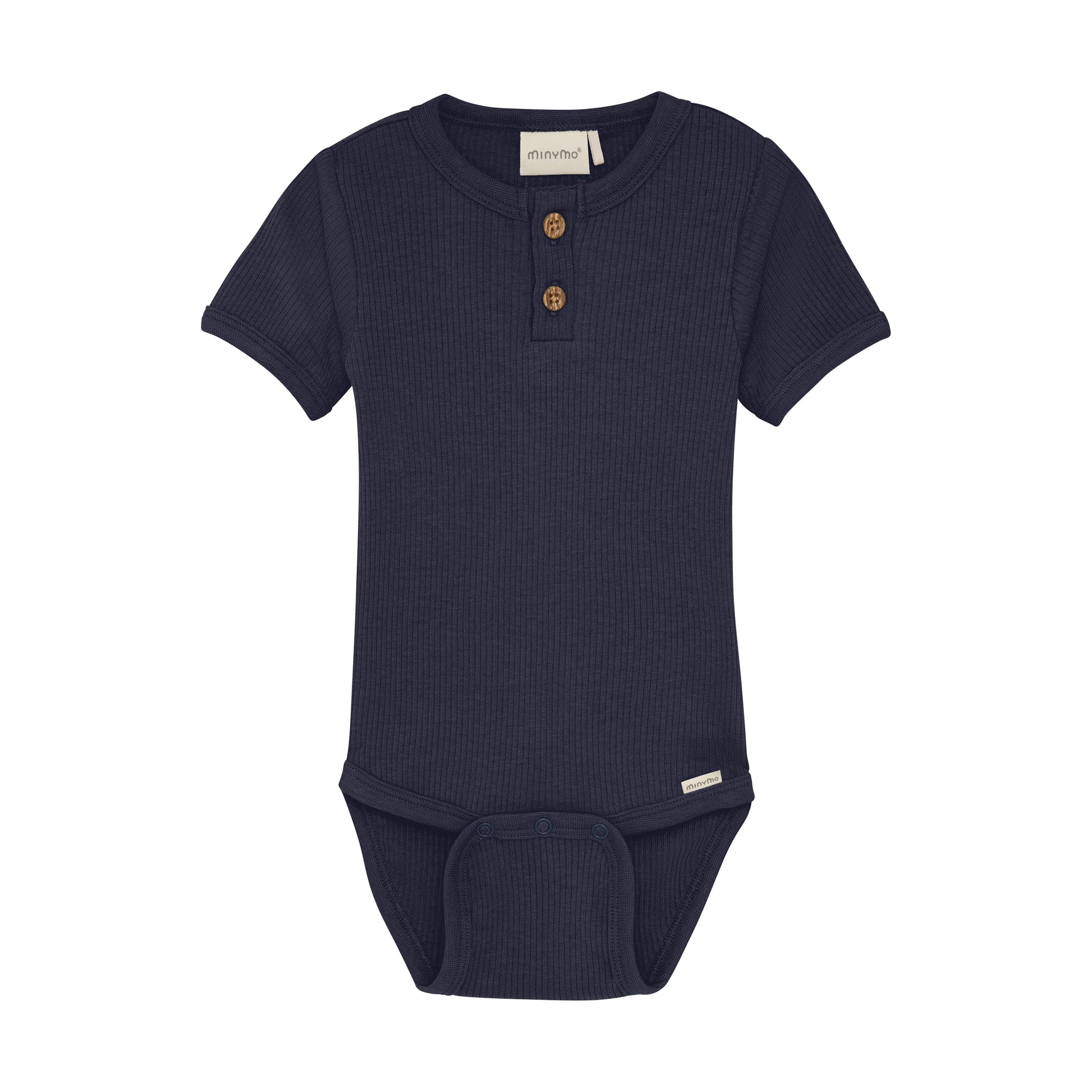 Flat front product image of a navy short sleeve baby bodysuit