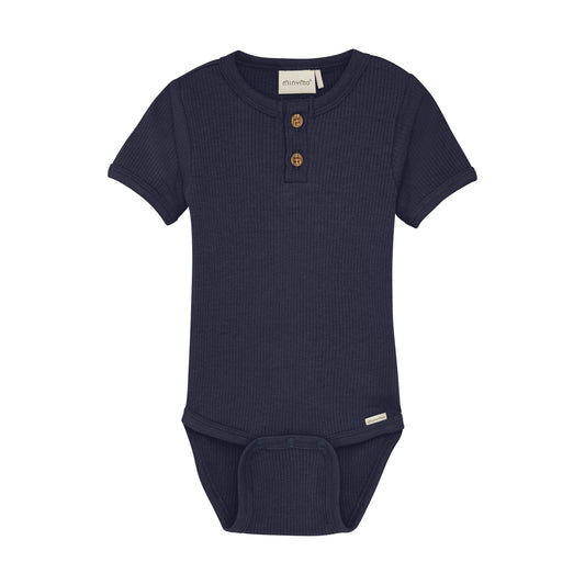 Flat front product image of a navy short sleeve baby bodysuit