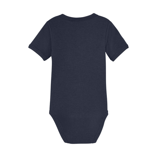 Flat back product image of a navy short sleeve baby bodysuit 