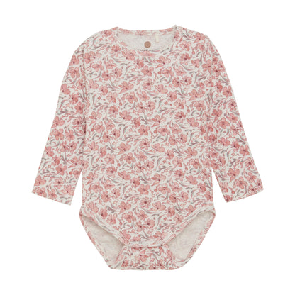 Flat front product image of an ivory baby bodysuit with a bright floral print