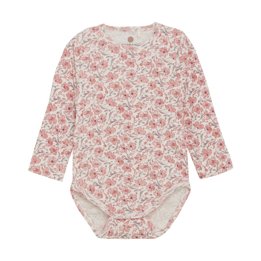 Flat front product image of an ivory baby bodysuit with a bright floral print