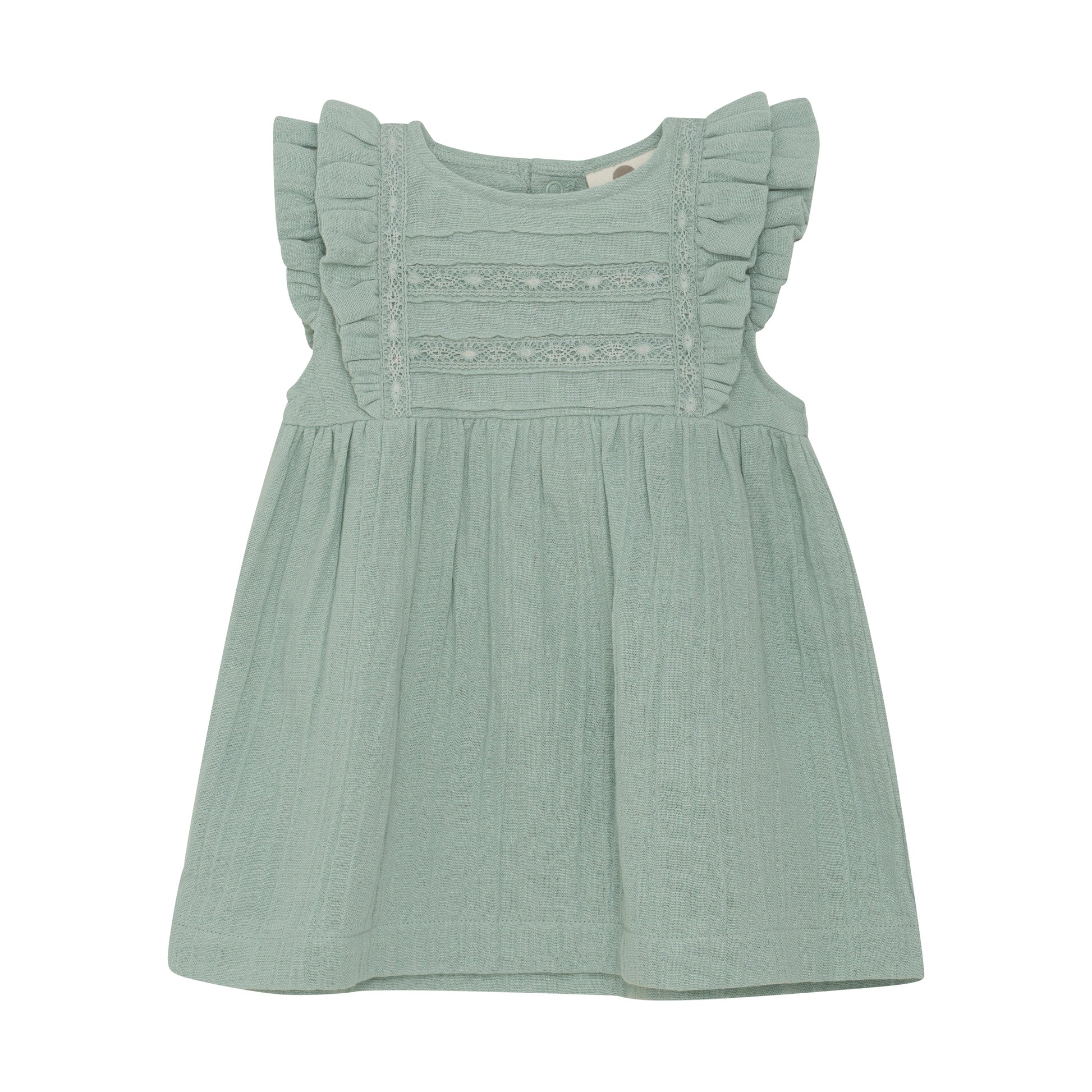 Flat front product image of a light green muslin baby dress